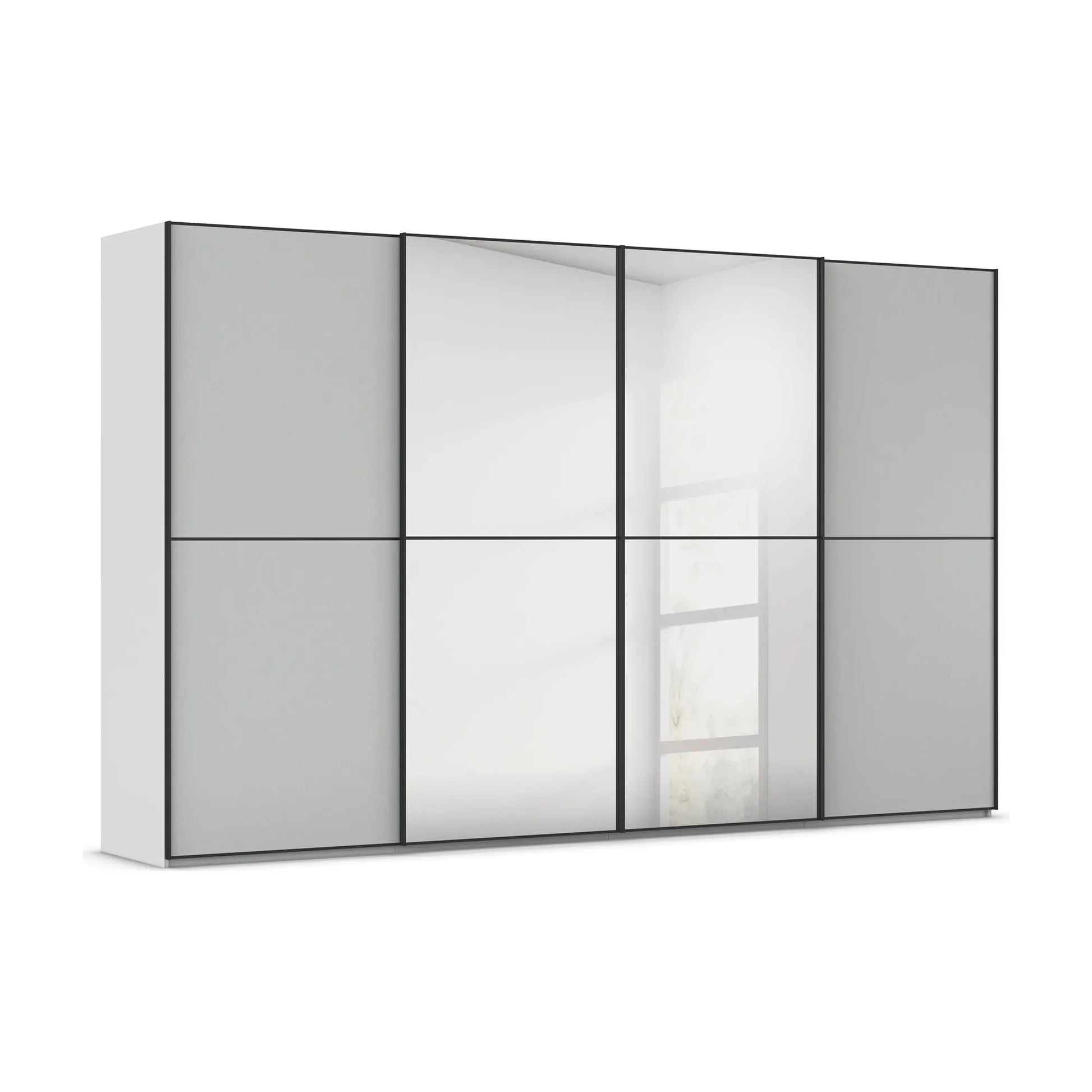 Supreme Duo  4 Door Sliding Wardrobe with Mirror with Black Trims and Door Handles in Silk Grey Colour