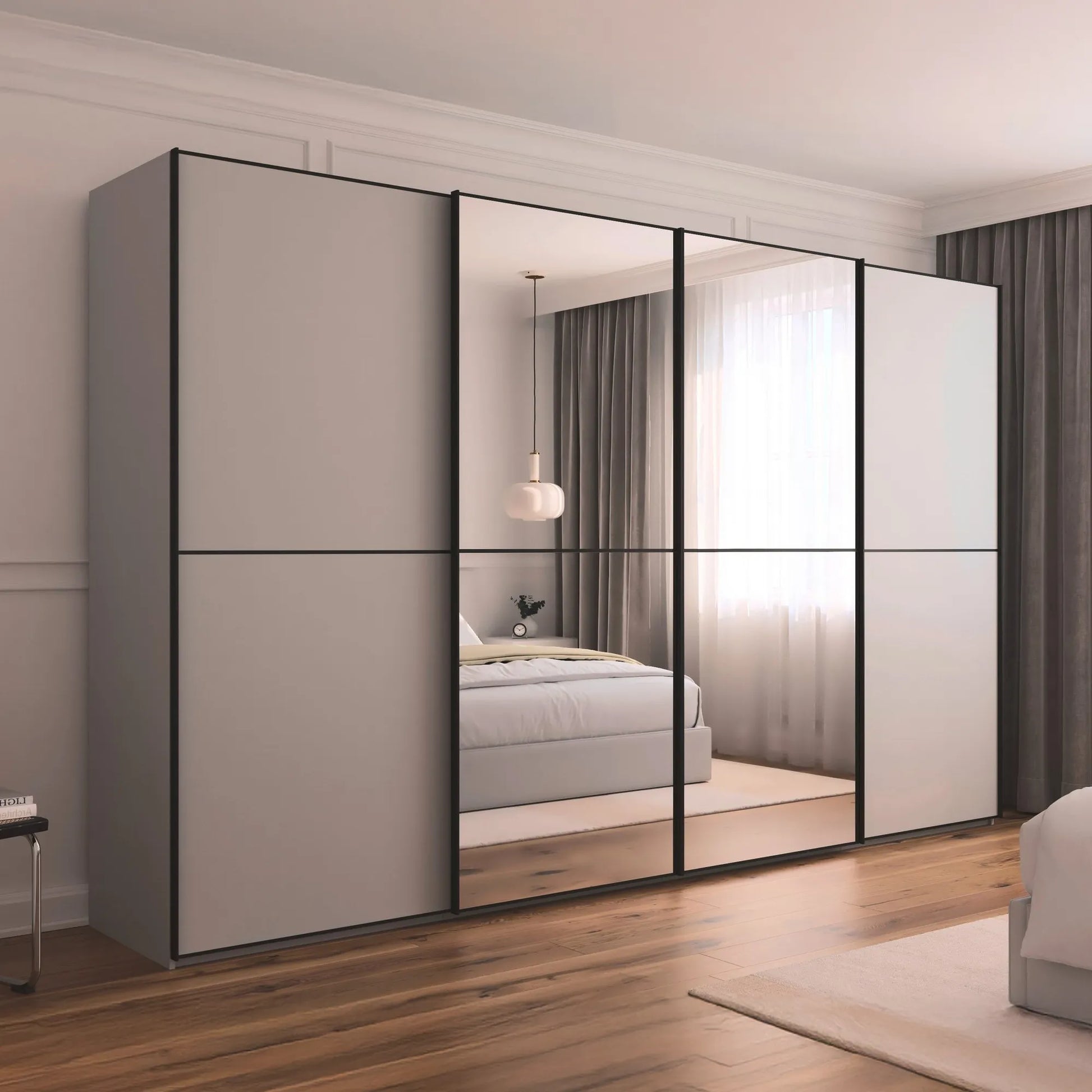 Supreme Duo Champagne 2 Door Sliding Wardrobe with Mirror with Black Trims and Door Handles by Rauch Black