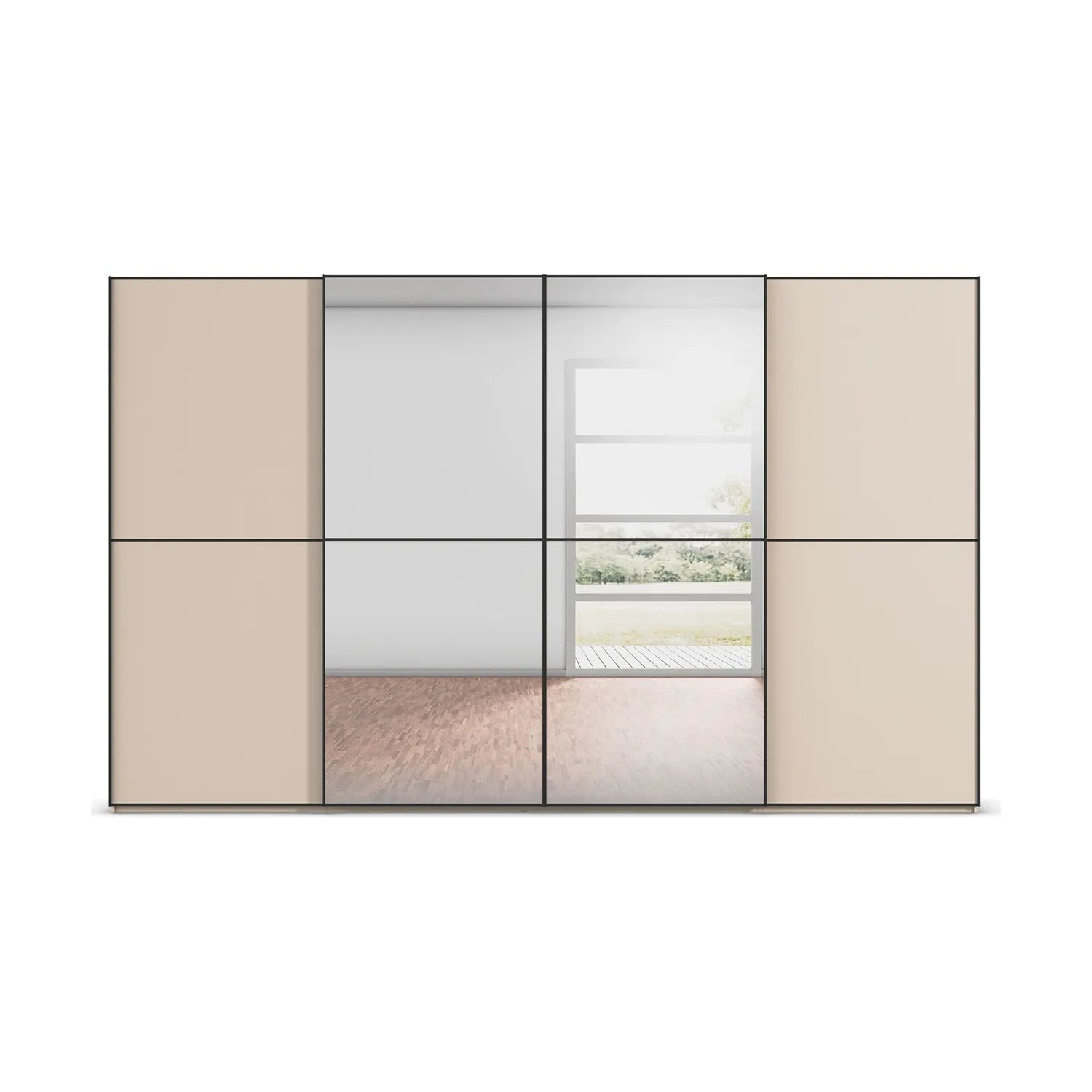 Straight View of Rauch Supreme Duo Champagne 4 Door Sliding Wardrobe with Mirror with Black Trims and Door Handles