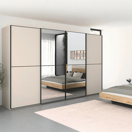 Lifestyle Image of Supreme Duo Champagne 4 Door Sliding Wardrobe with Mirror with Black Trims and Door Handles