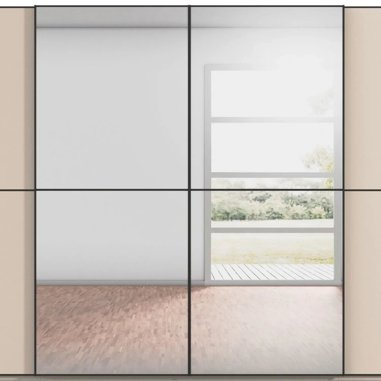 Mirror Doors detailing of Supreme Duo Champagne 4 Door Sliding Wardrobe with Mirror with Black Trims and Door Handles