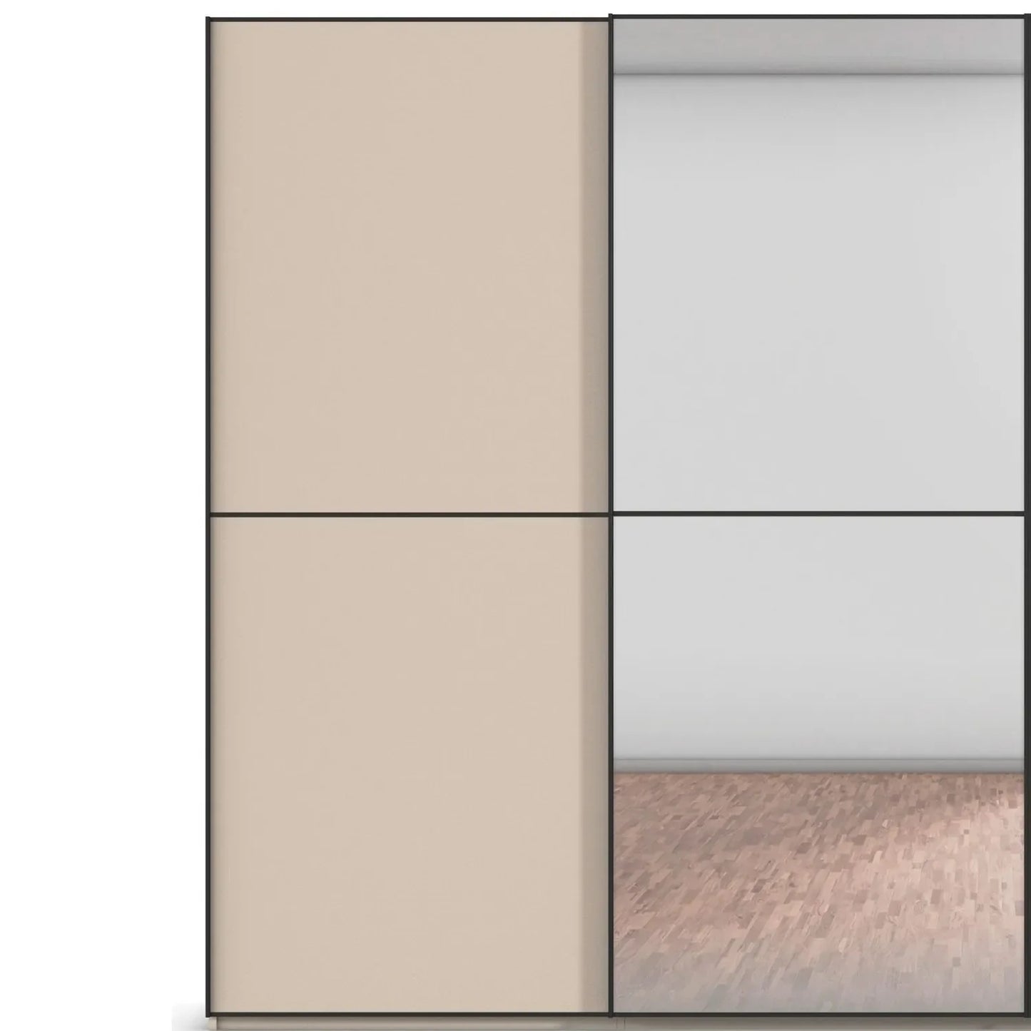 Panel detailing of Supreme Duo Champagne 4 Door Sliding Wardrobe with Mirror with Black Trims and Door Handles