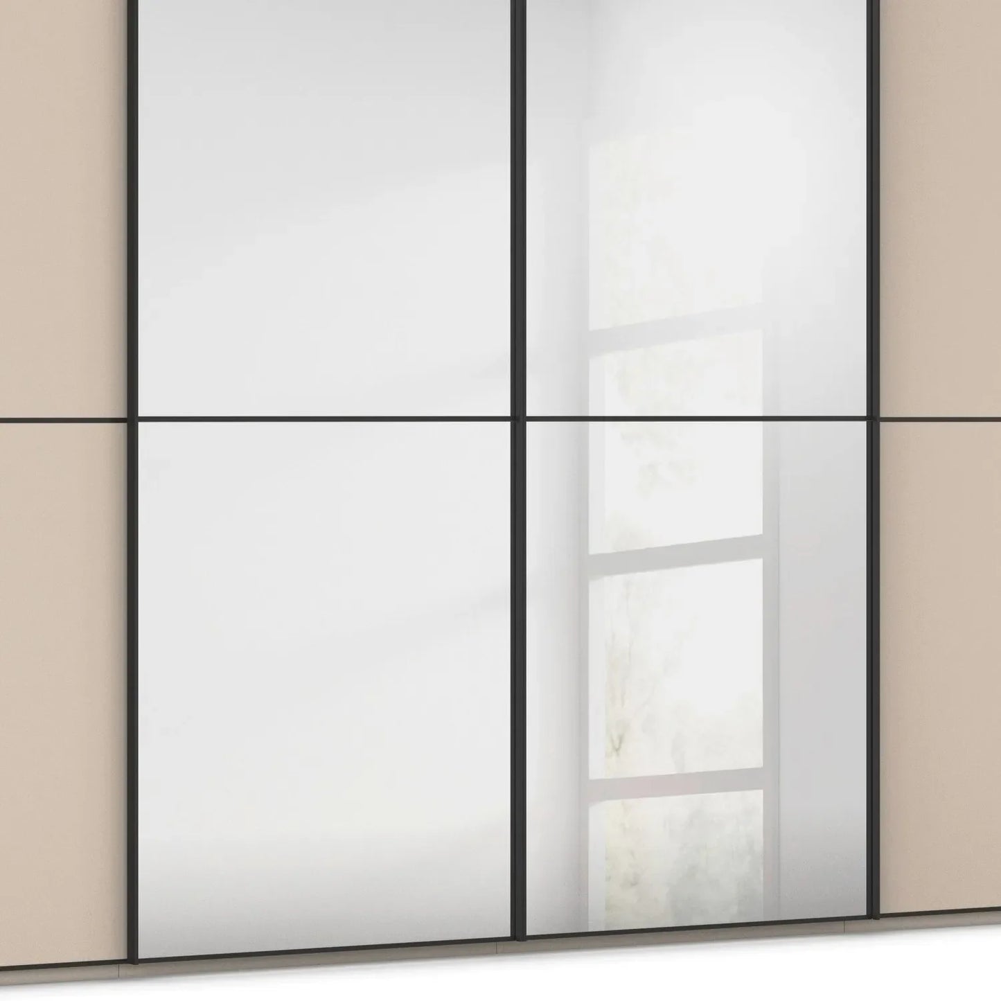 Mirror Closeup View of Supreme Duo Champagne 4 Door Sliding Wardrobe with Mirror with Black Trims and Door Handles