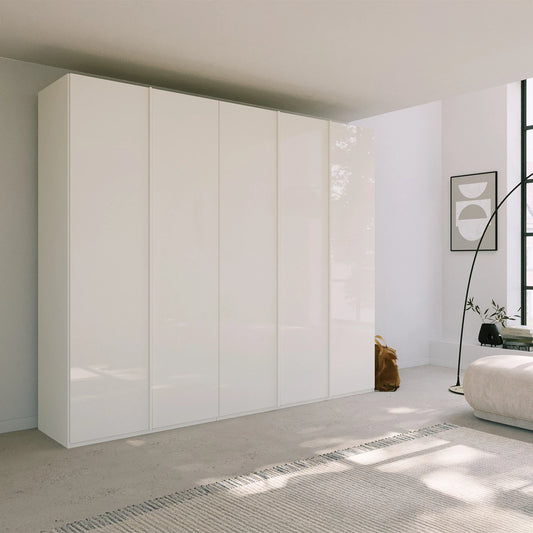 Rauch Symphony 251cm White Glass 5 Door Wardrobe with full glass doors and integrated handles