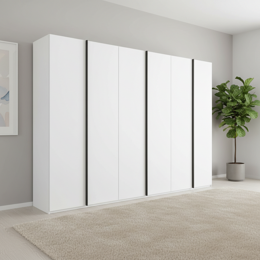 Shop the Rauch Symphony 301cm Decor White 6 Door Wardrobe in 4 colours with graphite handles, free assembly and a 10-year warranty.