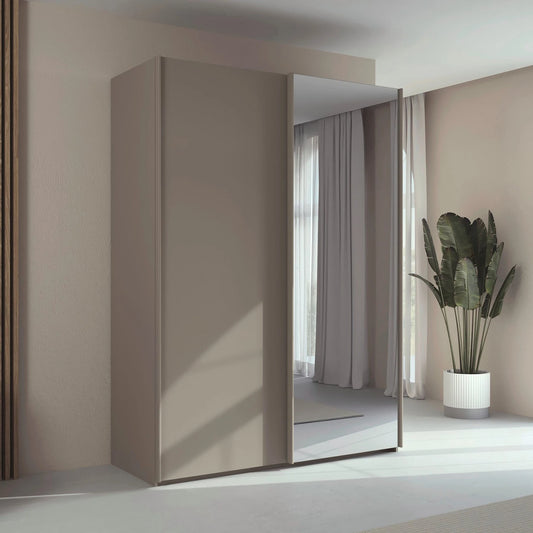 Rauch Taro 2 Door 1 Mirror Door Sliding Wardrobe in Fango finish styled in a modern bedroom