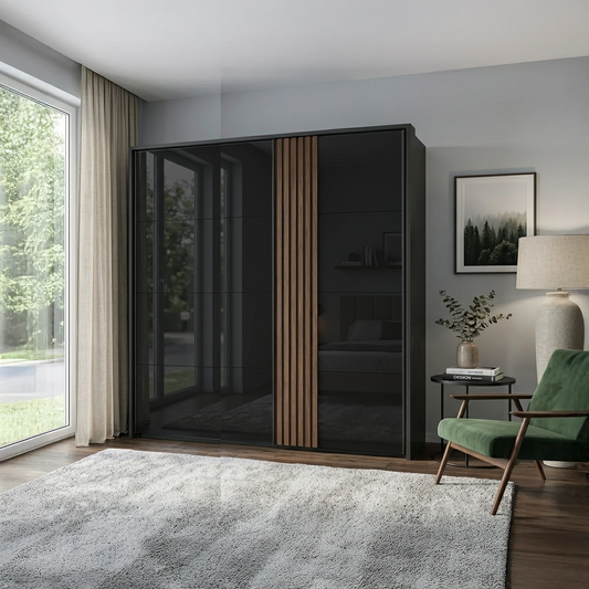 Rauch Tegra Fusion Black Glass and Walnut Oak Sliding Door Wardrobe