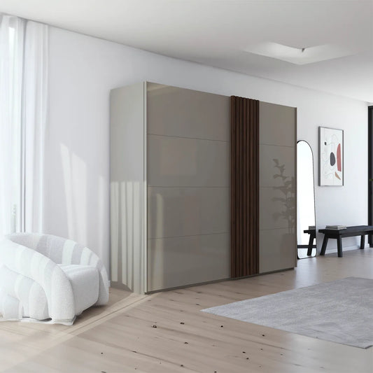 Rauch Tegra Fusion Fango Glass and Walnut Oak Sliding Door Wardrobe - Styled in a Bedroom