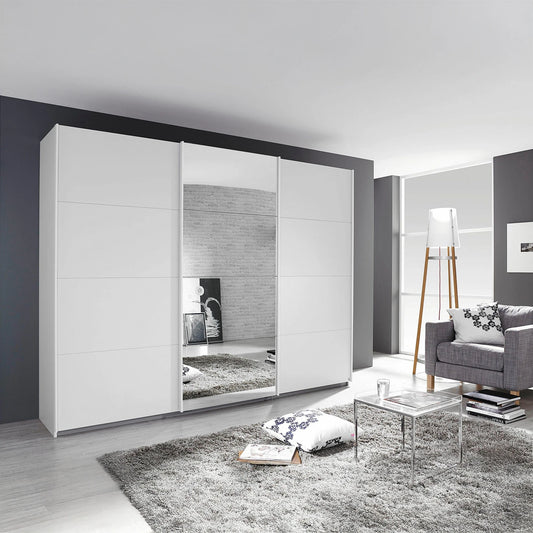 Tubona White 3 Door Sliding Wardrobe with Mirror – styled in a living room