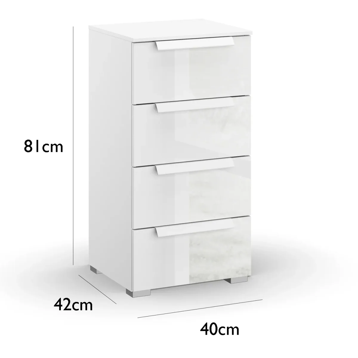 Rauch Perth 4 Drawer White Glass Narrow Chest - Dimensions