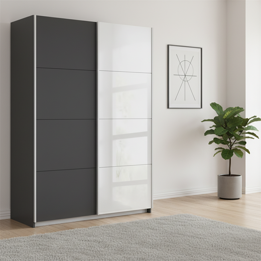 Rauch Subito 1 Decor Door & 1 Mirror Sliding Door Wardrobe in Mettalic Grey styled in a modern bedroom