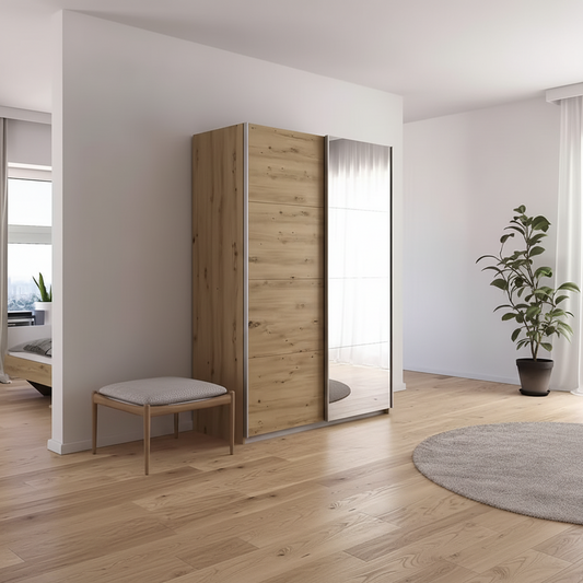 Rauch Subito 1 Decor Door & 1 Mirror Sliding Door Wardrobe in Oak styled in a modern bedroom