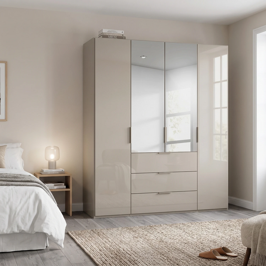 Rauch Haven 4 Door Combi Wardrobe with 2 Glass Doors and 2 Mirror Doors - Styled in a Bedroom