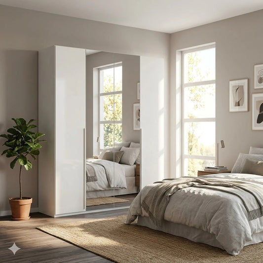 Rauch Haven 4 Door Hinged Wardrobe with 2 Glass Doors and 2 Mirror Doors - Styled in a Bedroom