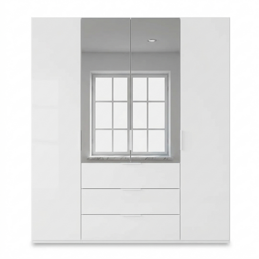 Rauch Haven 4 Door Combi Décor Wardrobe with 2 Décor Doors and 2 Mirror Doors in White - Front view