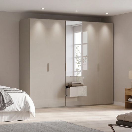 Rauch Haven 5 Door Combi Wardrobe with 4 Glass Doors and 1 Mirror Door - Styled in a Bedroom