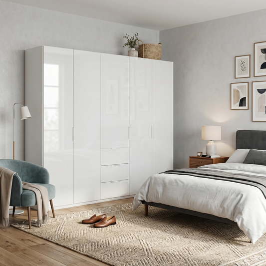 Rauch Haven 251cm 5 Door Combi Wardrobe with Glass Doors - Styled in a Bedroom