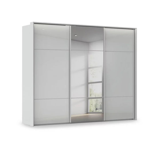 Rauch Heaven 3 Door Slider Wardrobe with 2 Glass Doors, 1 Mirror Door and Lights in Silk Grey