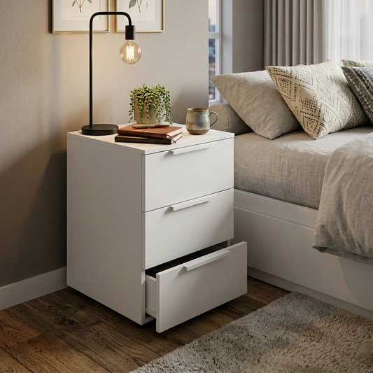 Rauch Heaven 3 Drawer Décor Bedside Cabinet - Styled in a Bedroom