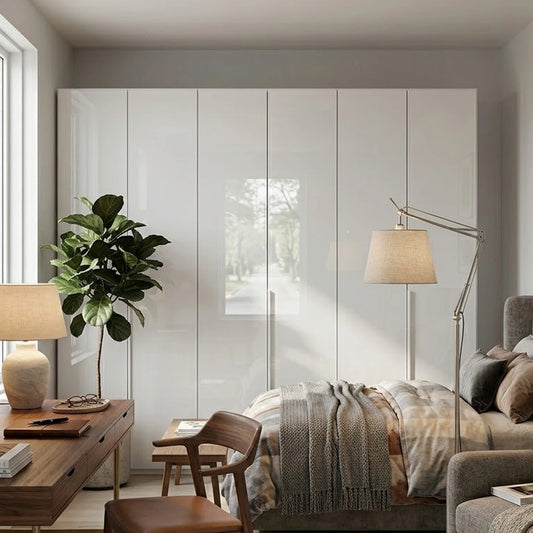 Rauch Haven 6 Door Hinged Wardrobe with Glass Doors - Styled in a Bedroom