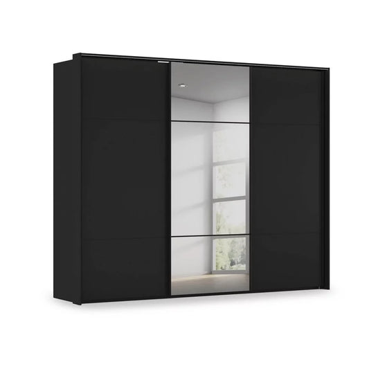 Rauch Haven 3 Door Slider Wardrobe with 2 Décor Doors, 1 Mirror Door and Lights in Black