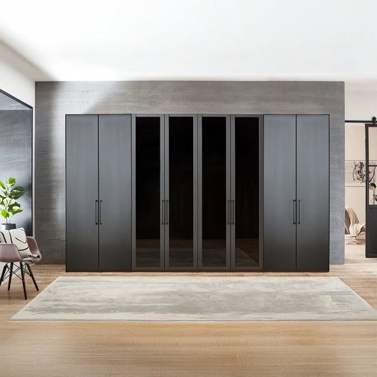 Wiemann Graphite 8 Door Hinged Wardrobe, Middle 3 Glass doors are with Transparent Glass Front, Dimensions Width 400cm , Height is choice of 216cm or 236cm