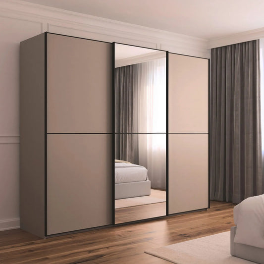 Supreme Duo Fango 3 Door Sliding Wardrobe with Mirror & Black Trim - Styled in a Bedroom