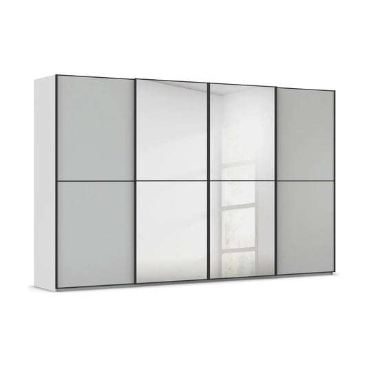Supreme Duo 4 Door Sliding Wardrobe with Mirror with Black Trims and Door Handles in Silk Grey Colour