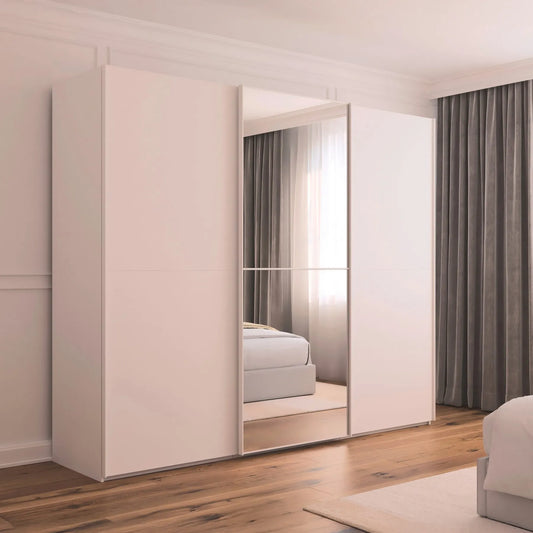 Supreme Duo White Glass & Mirror 3 Door Sliding Wardrobe in bedroom