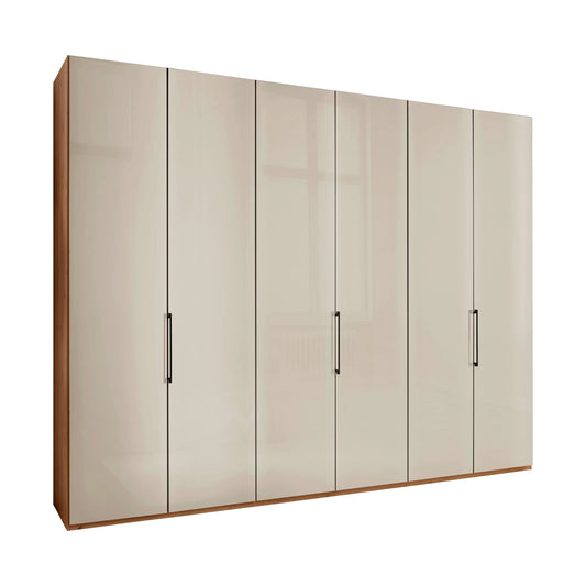 Templin 1000 6 Door Hinged Wardrobe in Bianco Oak Carcase & Champagne Glass Front