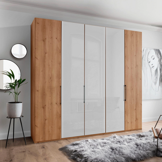 Templin 1000 Bianco Oak Carcase 5 Door Hinged Wardrobe in White Glass - 250cm - Styled in a Bedroom