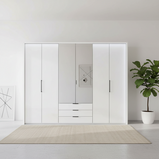 Templin 2000 White Glass 6 Door 3 Drawers 300cm Wardrobe