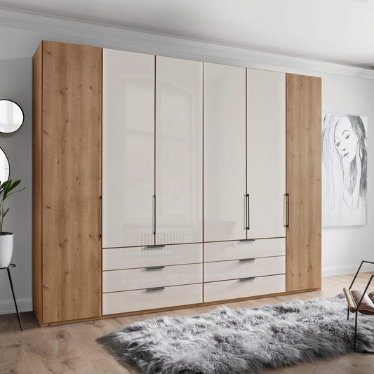 Templin 2000 6 Door 6 Drawer Hinged Wardrobe in Champagne - Styled in a Bedroom