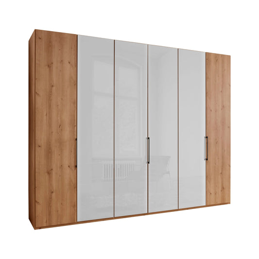 Templin 1000 Bianco Oak Carcase 6 Door Hinged Wardrobe in White Glass - 300cm