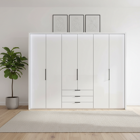 Templin 1000 White Glass 6 Door 3 Drawers 225cm Hinged Wardrobe Free Assembly
