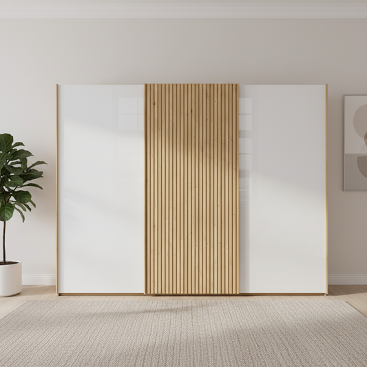 Tulsa 3 Door White Glass Sliding Door Wardrobe with Oak Decking