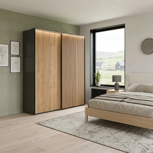 Tulsa Graphite Sliding 2 Door Wardrobe with Bianco Oak Doors & Slatted Detail