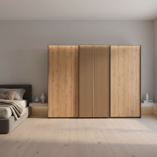 Tulsa Graphite Sliding Door Wardrobe with Bianco Oak Doors & Slats