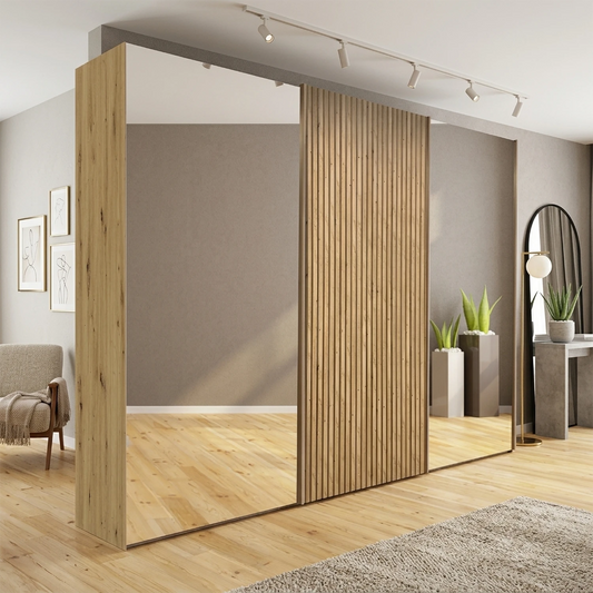 Tulsa Large 3 Door Wardrobe With Mirror and Bianco Oak Decking