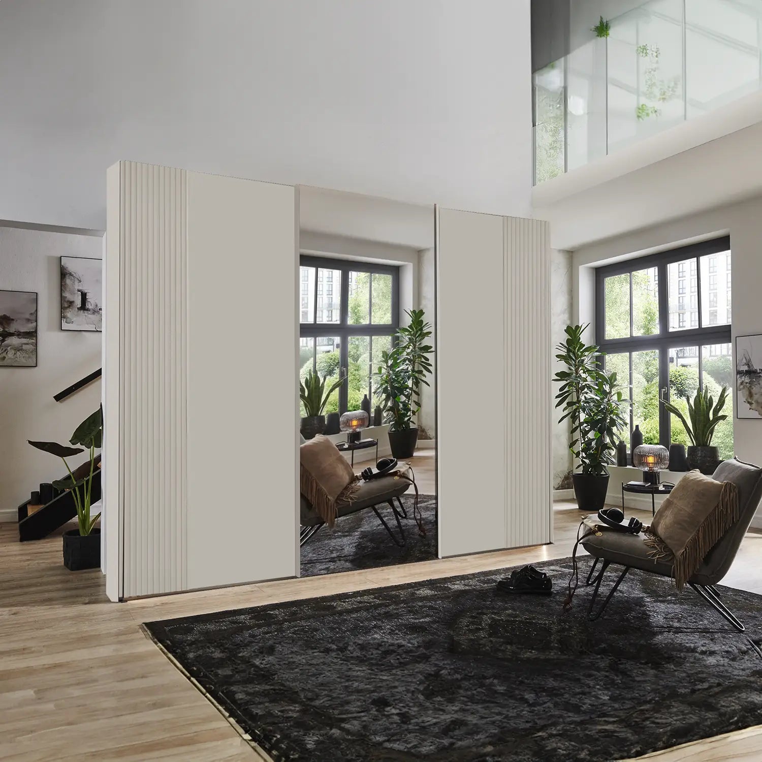 Tulsa 3 Door Champagne Decking and Mirror Sliding Door Wardrobe style in a room