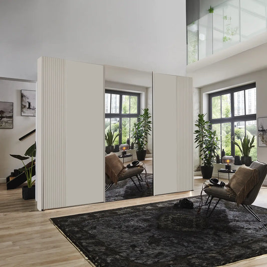 Tulsa 3 Door Champagne Decking and Mirror Sliding Door Wardrobe style in a room