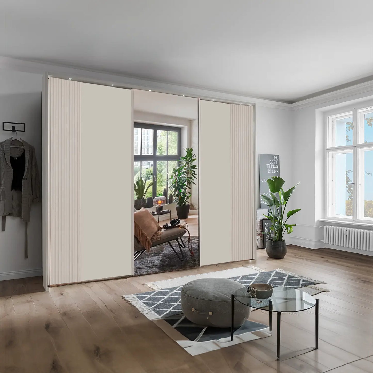 Tulsa 3 Door Champagne Decking and Mirror Sliding Door Wardrobe  with Passepartout Light Frame