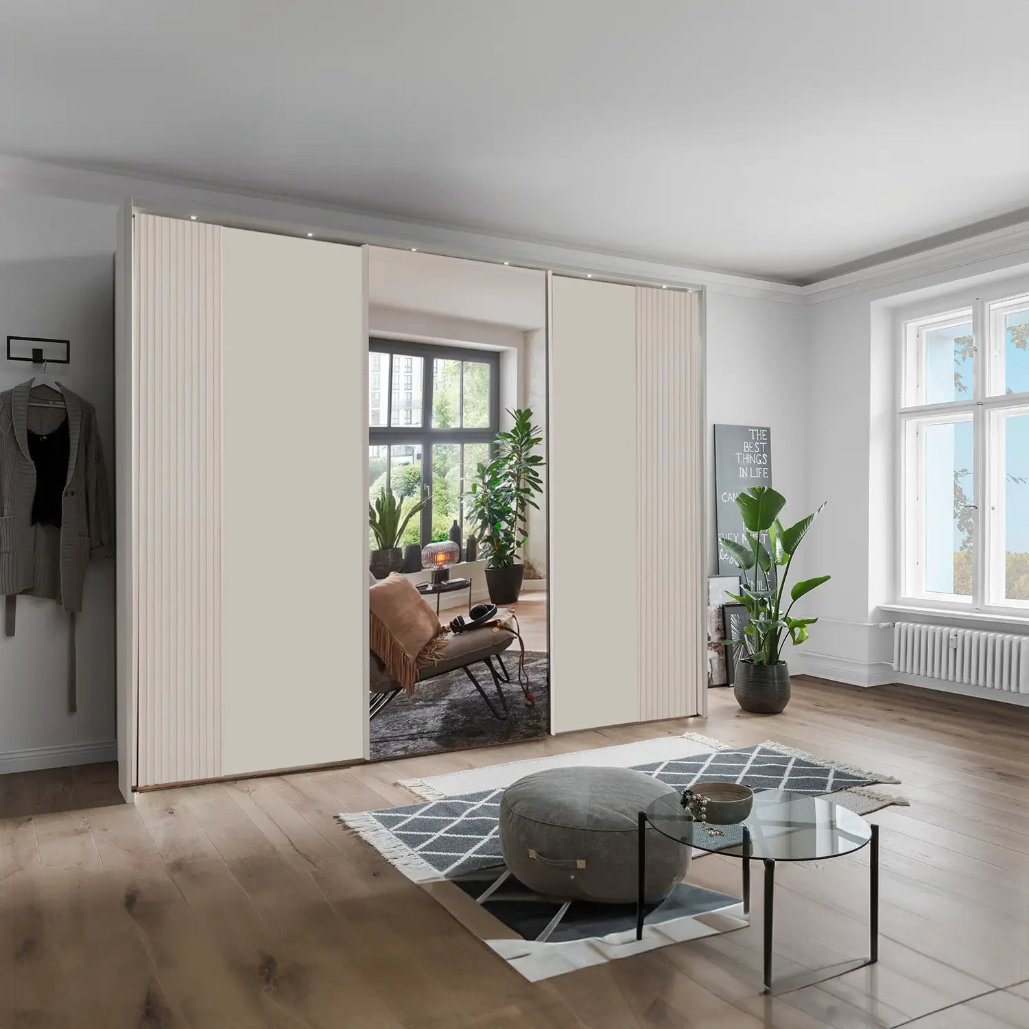 Tulsa 3 Door Champagne Decking and Mirror Sliding Door Wardrobe  with Passepartout Light Frame