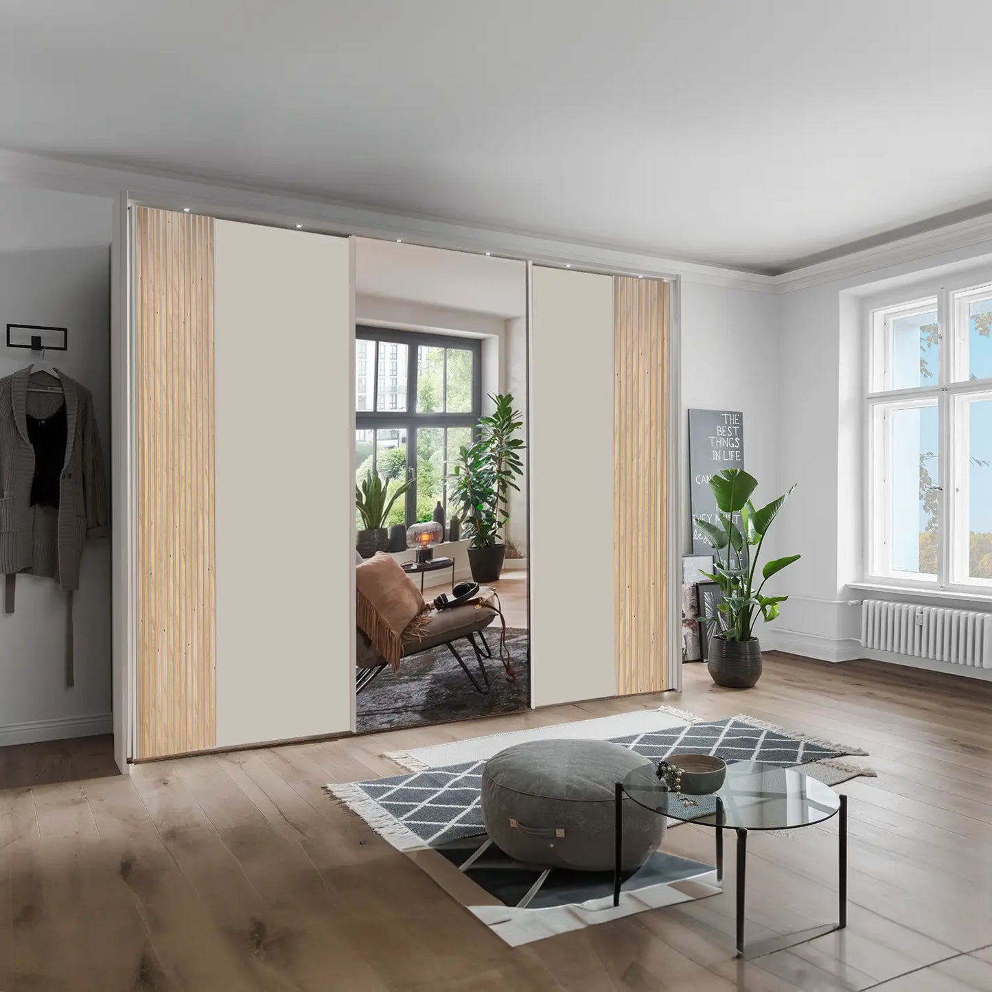 Tulsa 3 Door Champagne and Mirror Front Sliding Door Wardrobe with Oak decking and Passepartout Light Frame