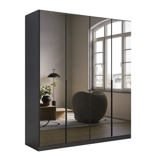 Vista Grey Mirror Front Hinged 4 Door Wardrobe with Long Metal Door Handles