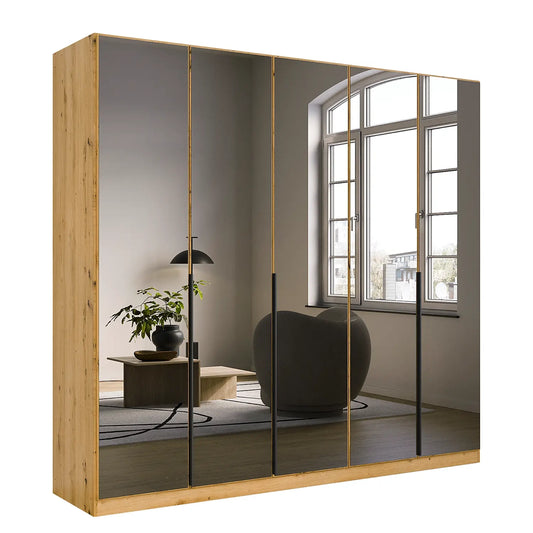 Vista Grey Glass Front Hinged 5 Door Wardrobe Oak Carcase Width 226cm