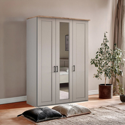 Wiemann Adeline 3 Door Hinged Wardrobe - W150cm in Pebble Grey With Mirror - Styled in Bedroom