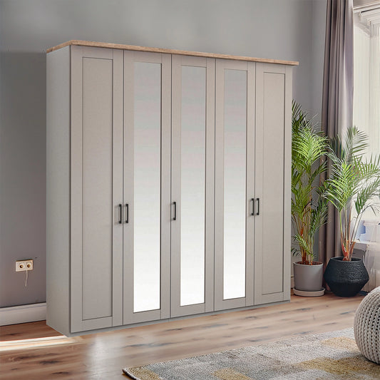 Wiemann Adeline 5 Door Hinged Wardrobe - W250cm With Mirror in Pebble Grey - Styled in Bedroom