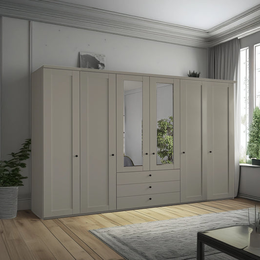 Wiemann Adeline 6 Door 3 Drawer Wardrobe - W300cm With Mirror in Pebble Grey - Styled in Bedroom