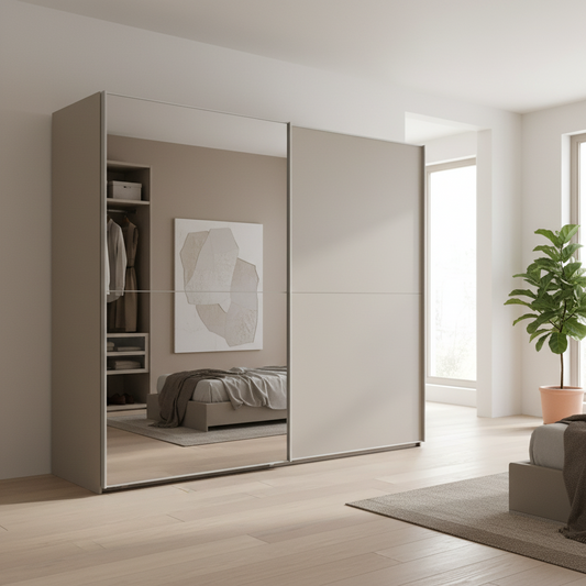 Wiemann Bristol Berlin Pebble Grey Decor Sliding Door Wardrobe with Mirror in 150cm, 200cm, 250cm and 300cm widths.